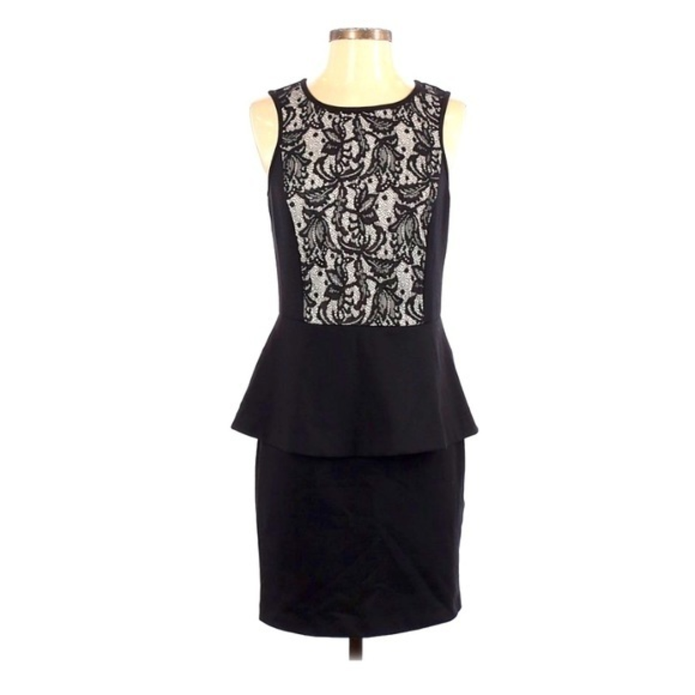 Kensie S black nude lace overlay peplum sleeves pencil skirt cocktail dress